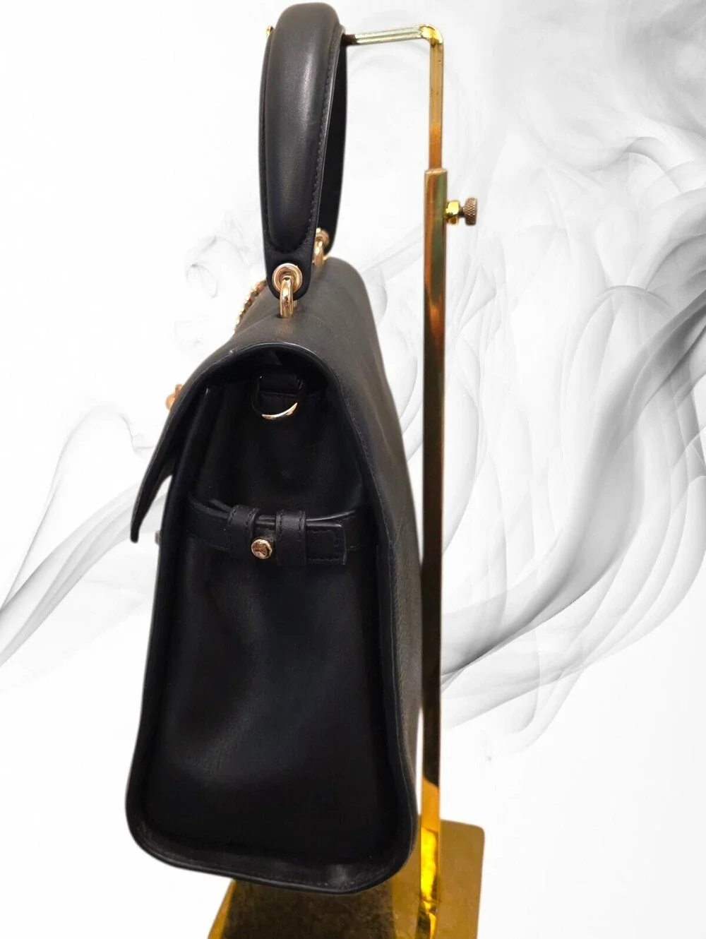 Luana Italy Black Leather Top Handle Satchel Crossbody Gold Chain Handbag